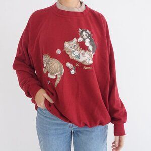 Vintage Morning Sun Red Kitten Cat Graphic Sweatshirt Animal Print Sweater M